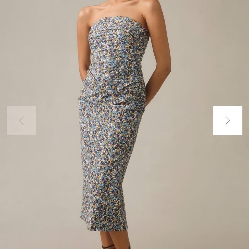 Anthropologie Blue Floral Soleil Slim‎ Strapless Midi Dress - XLarge